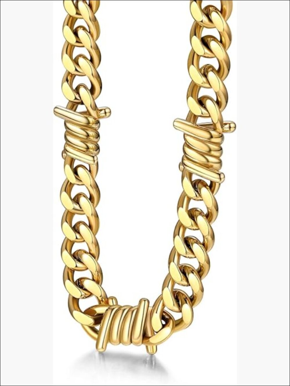 Stainless Steel Gold Plated Barbed Wire Cuban Link Chain Necklace